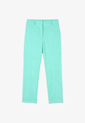 Pantalon turquoise ajusté avec bouton frontal et fermeture éclair, passants pour ceinture, poches latérales et ourlets retroussés.