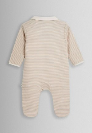 Beež värvi beebikombinesoon pikkade varrukatega, millel on õhukesed horisontaalsed triibud, valge krae ja alumises osas trukkidega kinnis. Pehme kangast tekstuur.