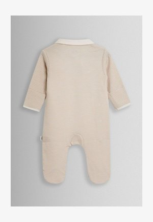 Bež bodi za bebu s dugim rukavima, s tankim horizontalnim prugama, bijelim ovratnikom i kopčom na dnu. Mekana tekstura tkanine.