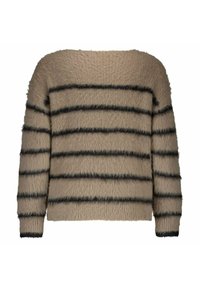 Pull marron clair avec des rayures noires horizontales, doté d'une texture douce et moelleuse, et de manches longues. Encolure arrondie, coupe décontractée.