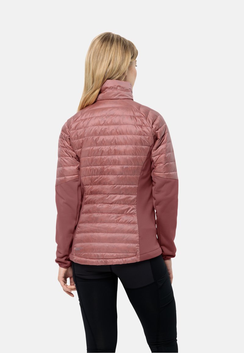 Leichte gepolsterte Jacke in Mauve mit gerippten Stoffakzenten. Hoher Kragen, taillierte Ärmel und eine schlanke Silhouette für Komfort und Beweglichkeit.