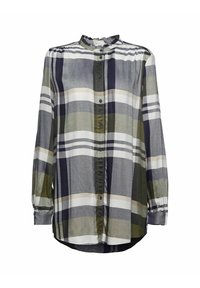 Chemise à manches longues boutonnée en tissu léger. Présente un motif à carreaux vert, marine et gris avec un col volanté et une fermeture à boutons.