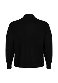 Schwarzer gestrickter Pullover mit hohem Kragen, lockerer Passform, überschnittenen Schultern und gerippten Bündchen. Glatte Textur und minimalistisches Design ohne Verzierungen.