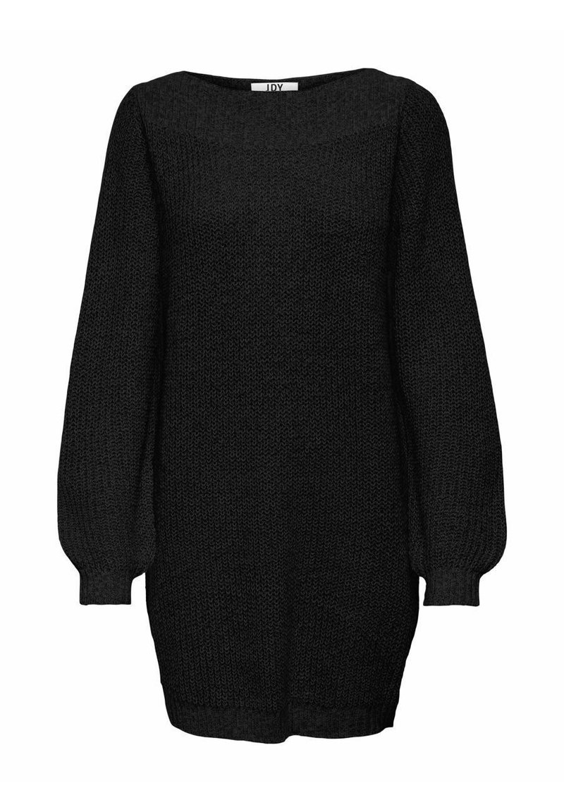 Sweater preto tricotado, com um ajuste solto, mangas compridas bufantes, um decote largo e bainha canelada. A textura é robusta com um padrão de malha aberta.