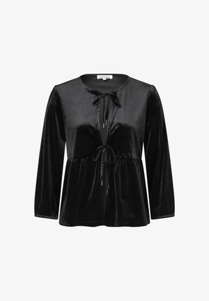 Top en velours noir avec des manches longues, fermeture à nouer à l'avant et taille cintrée. Texture lisse et léger éclat sur l'ensemble.