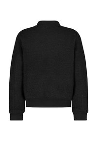 Black pullover sweater with a textured fabric, ribbed neckline, cuffs, and hem. Features a relaxed fit and dropped shoulder seams.