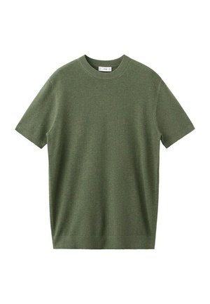 Pull tricot à manches courtes et col rond, couleur vert olive, en tissu finement texturé avec col et bas côtelés.