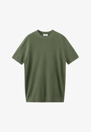 Pull tricot à manches courtes et col rond, couleur vert olive, en tissu finement texturé avec col et bas côtelés.