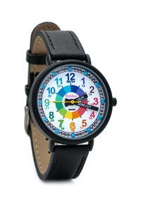 Montre à bracelet en cuir noir avec un cadran circulaire coloré. Présente de grands chiffres arabes et deux aiguilles noires pour l'heure et les minutes.
