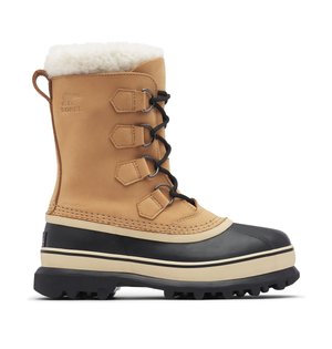 Tanwaterproof sneeuwlaars met een zwarte rubberen onderkant, veterluiting aan de voorkant en een bontvoering aan de bovenkant. Heeft een robuuste zool voor grip.