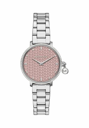 Silberne Metallarmbanduhr mit rosa strukturiertem Zifferblatt, Kristall-Stundenmarkierungen und kleinem MK-Anhänger an der Krone, Marke Michael Kors.
