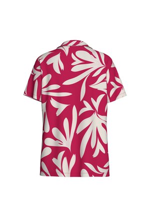 Koszula z krótkim rękawem i kołnierzykiem w kolorze czerwonym z dużym białym abstrakcyjnym kwiatowym wzorem, widziana od tyłu.