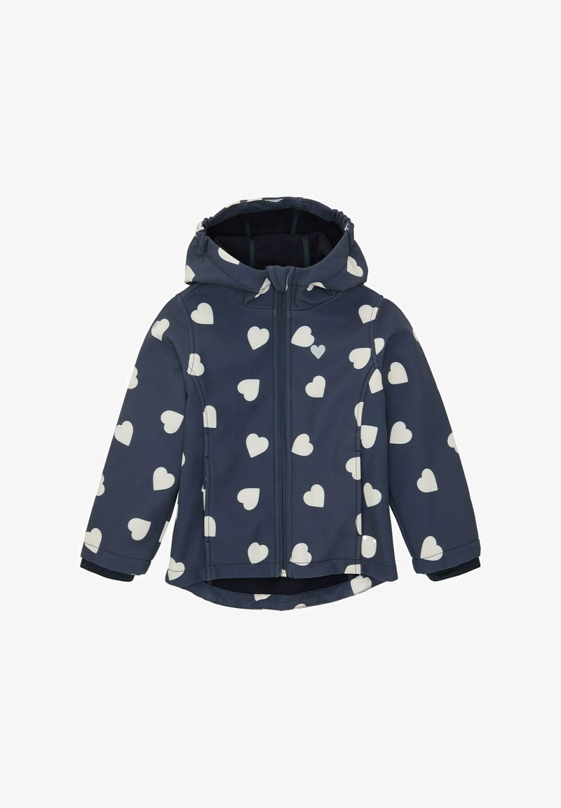 Veste à capuche pour enfants bleu marine avec motifs de cœurs blancs, fermeture éclair à l'avant et poignets élastiqués.