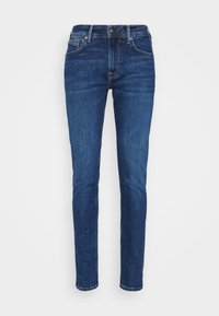 Mörkblå denimjeans med slim fit, femfickorsdesign och diskret sömnad; har en knapp- och dragkedjestängning i midjan.