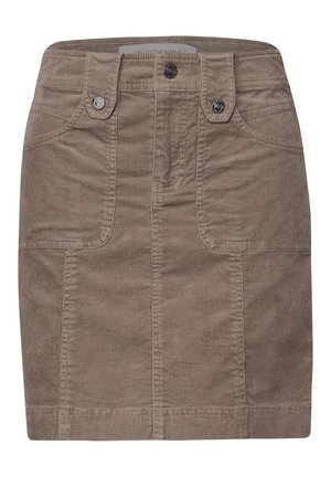 Bruine corduroy mini-jurk met voorste patchzakken en twee knooplusjes op de tailleband.