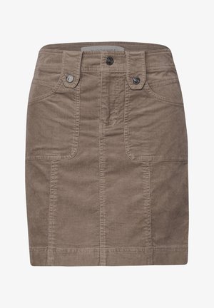 Gonna mini in corduroy marrone con tasche anteriori a toppa e due passanti per cintura con bottone in vita.