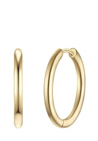 Zelta gredzenveida auskari ar gludu virsmu un noapaļotu formu. Viens auskars redzams no sāniem, otrs no priekšpuses, lai nodrošinātu labāku redzamību.