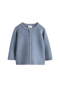 Light blue knitted baby cardigan with a round neckline, button closure, raglan sleeves, and ribbed cuffs and hem. Soft texture and simple design.