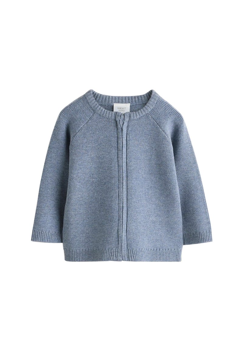 Light blue knitted baby cardigan with a round neckline, button closure, raglan sleeves, and ribbed cuffs and hem. Soft texture and simple design.