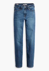 Jean en denim slim fit bleu avec fermeture à bouton et à glissière, poches avant et arrière, et délicates décolorations.