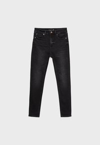 Schwarze Slim-Fit-Denim-Jeans mit vorderem Knopf, Reißverschluss und Fünf-Taschen-Design auf einem schlichten hellen Hintergrund.