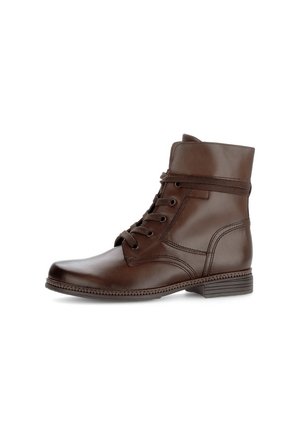 Brown leather ankle boots with laces, smooth texture, round toe, mid-high shaft, and subtle stitching detail along the sides and sole.