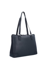 Schwarze Leder-Tasche mit zwei Schulterriemen, schlankem rechteckigem Design, glatter Textur und dezentem Branding auf der Vorderseite.