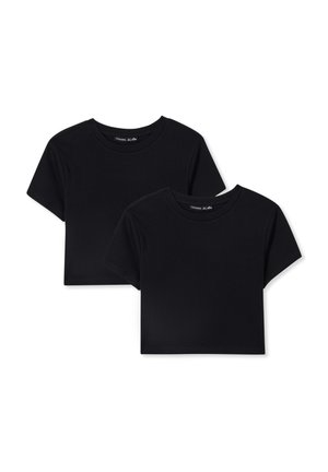 Magliette a maniche corte in cotone nero, con scollo rotondo. Texture liscia con dettagli in tessuto a costine. Confezione da due.