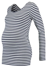 Långärmad amningstopp i marinblått och vitt randigt bomull, med rundad halsringning och figurnära design för komfort.