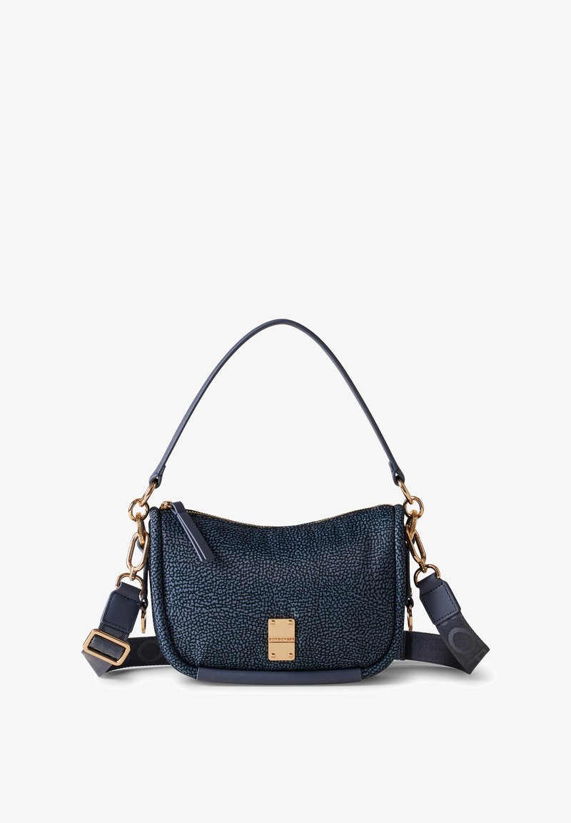 Navy blue leather handbag with a pebbled texture, gold-tone hardware, and a detachable strap. Features a zip closure and logo plaque.