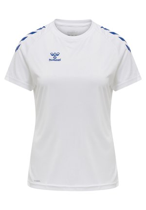 White short-sleeve sports shirt made of breathable fabric, featuring blue accents on the shoulders, and a logo at the center front.