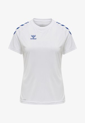 White short-sleeve sports shirt made of breathable fabric, featuring blue accents on the shoulders, and a logo at the center front.