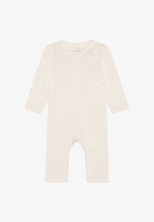 Body en coton couleur crème à manches longues, texture côtelée, avec des motifs de petites fleurs roses claires éparpillés. Fermeture par boutons sur le devant au niveau du col.