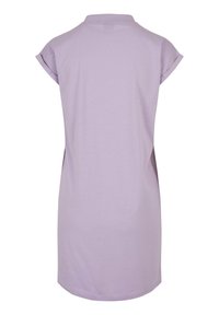 Lila korte mouwen jurk met een kraag, met een ontspannen pasvorm en zachte stof. Strakke lijnen met zijsplitten voor bewegingsvrijheid.