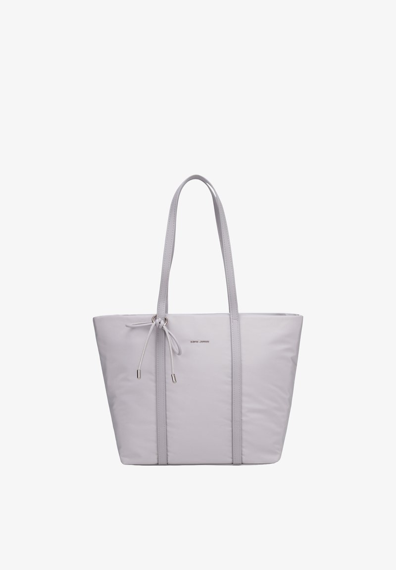 Sac cabas gris clair avec longues anses, détail noué à l'avant et logo discret du nom de la marque au centre.