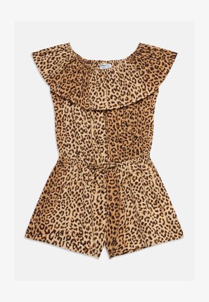 Tuta corta con stampa leopardata, scollatura a spalle scoperte, collo arricciato e vita aderente annodata con una sottile cintura di tessuto.