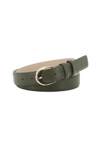 Olive green leather belt with a smooth finish, featuring a round gold metal buckle and multiple adjustment holes.