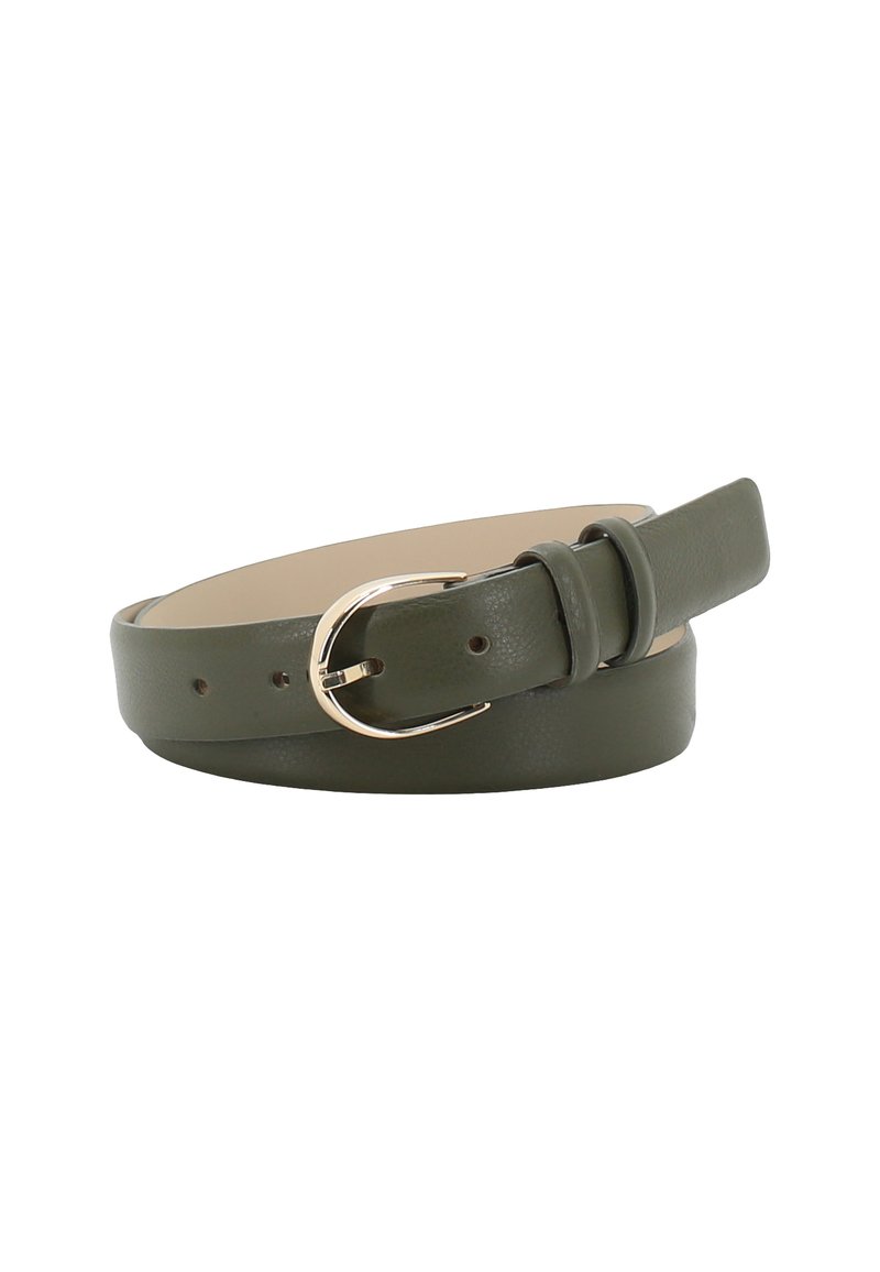 Olive green leather belt with a smooth finish, featuring a round gold metal buckle and multiple adjustment holes.