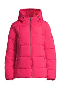 Pinke gepolsterte Jacke mit Reißverschluss vorne, Kapuze mit Kordelzügen und Druckknöpfen an den Seiten. Glatte Textur mit gestepptem Design.