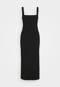 Robe noire midi avec encolure carrée, bretelles larges et silhouette ajustée ; tissu lisse sans motifs ni embellissements visibles.