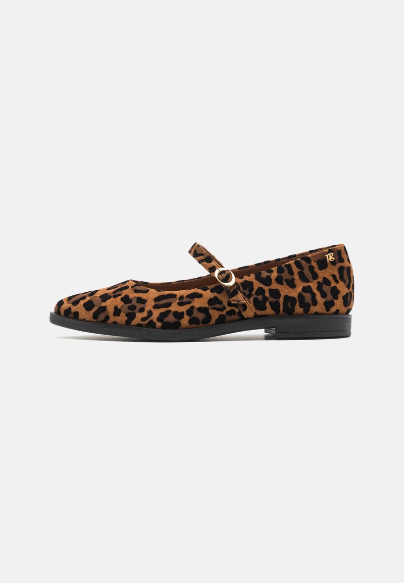 Leopard print Mary Jane flats made of suede with a rounded toe, small heel, and a strap with a gold buckle accent.