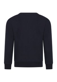 Felpa blu navy con scollatura rotonda, maniche lunghe e polsini e orlo a costine. Tessuto liscio, design semplice senza grafiche.