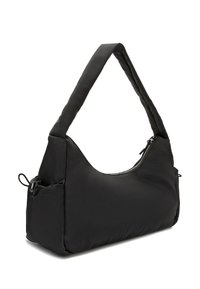 Schwarze Stoffhandtasche mit einem strukturierten, runden Design. Verfügt über einen Reißverschlussverschluss und einen dicken, gepolsterten Schultergurt mit Seitenfach.