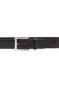 Black leather belt with a sleek silver rectangular buckle. Features a smooth texture and evenly spaced holes for adjustment. Embossed logo detail.