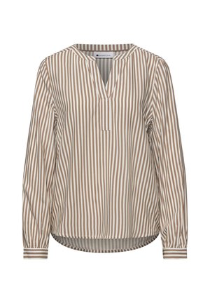 Beżowo-biała bluzka w pionowe paski z długimi rękawami, dekoltem w szpic i bez kołnierza, z mankietami zapinanymi na guziki oraz lekko zaokrąglonym dołem.