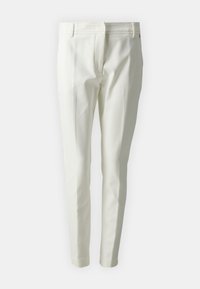 White tailored trousers made of smooth fabric, featuring a slim fit, creased front, and standard pockets, with a discreet logo on the waist.