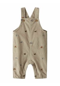 Khaki katoenen overalls met diverse geborduurde patronen van landbouwvoertuigen, verstelbare banden en knoopsluitingen. Elastische enkels voor een goede pasvorm.