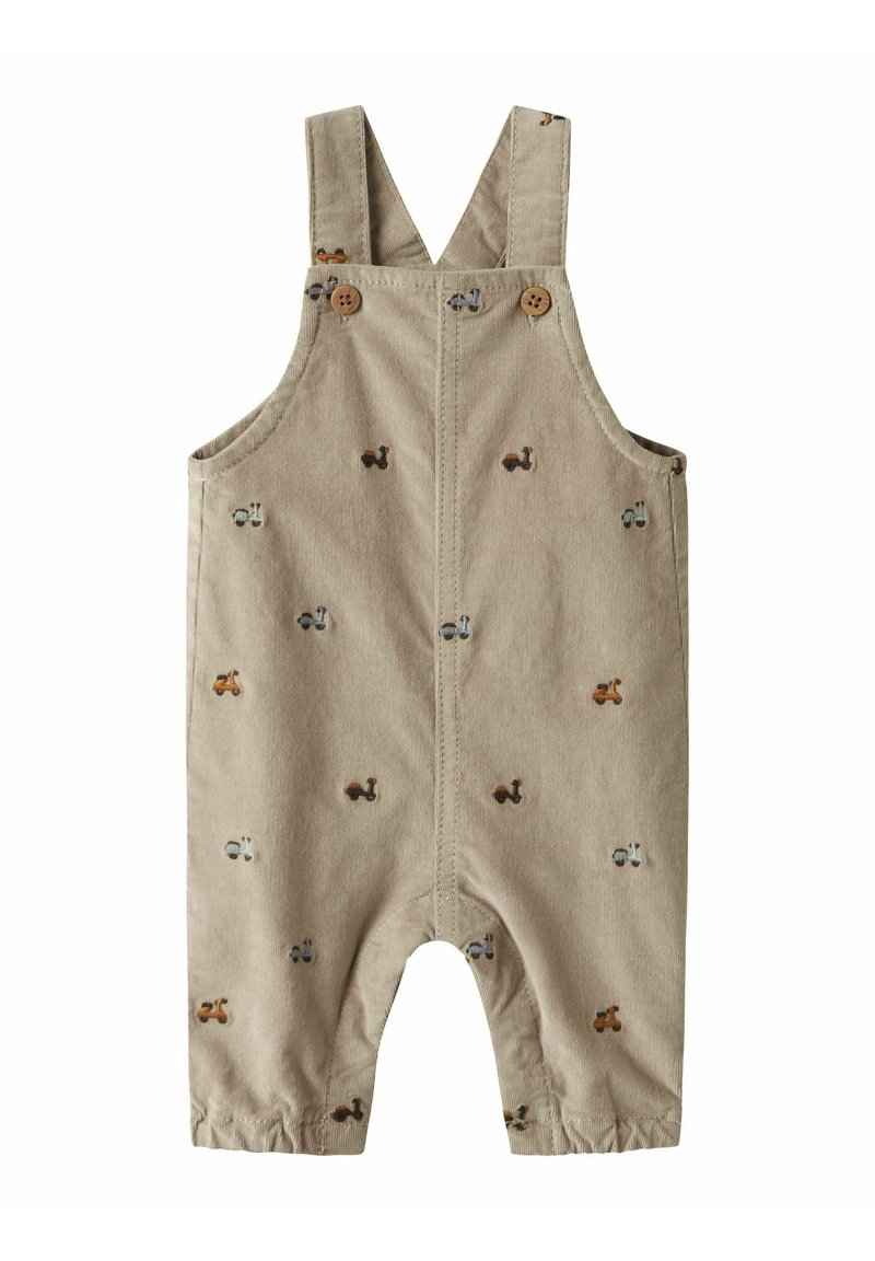 Khaki katoenen overalls met diverse geborduurde patronen van landbouwvoertuigen, verstelbare banden en knoopsluitingen. Elastische enkels voor een goede pasvorm.