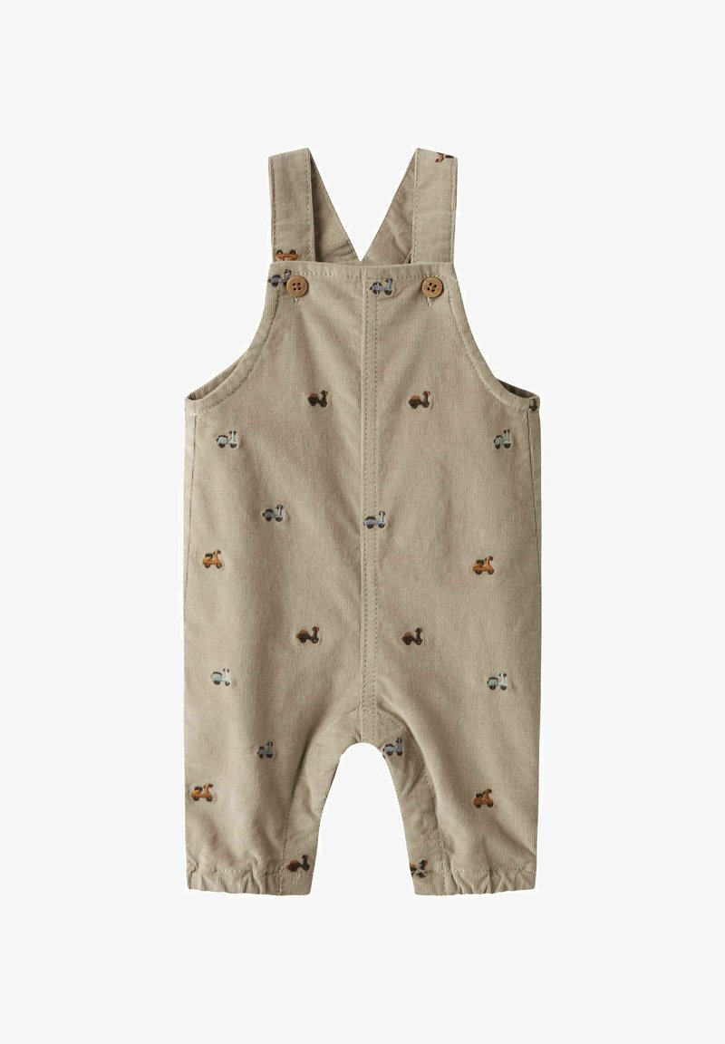Khakifarbene Baumwolloveralls mit verschiedenen gestickten Mustern von landwirtschaftlichen Fahrzeugen, verstellbaren Trägern und Knopfverschlüssen. Elastische Bündchen für einen guten Sitz.