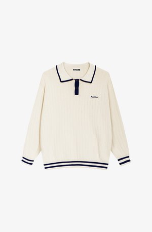 Krémový pletený sveter s rebrovanou textúrou, námornícky lem na golieri a manžetách a uzatváranie na gombíky na krku. Vyšívané logo na prednej strane.